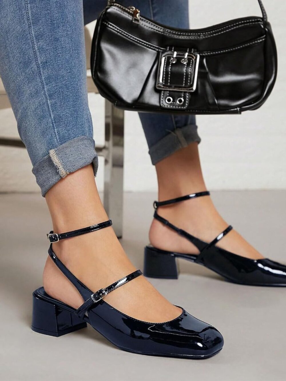 Women's Navy Mary Jane Chunky Low Heel Closed Square Toe Ankle Strap Pump Shoe - Picture 2 of 6
